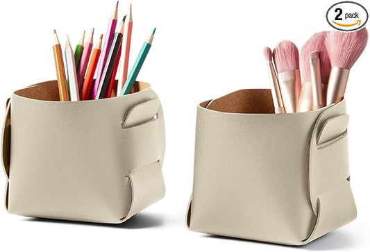 2-Pack Cork Leather Makeup Brush Holder Organizer - Desk Accessories Storage - Pencil Pen Holder - Stylish Addition to Home Decor (Beige)
