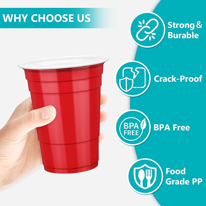 LANLISA 50 Red Plastic Cups, 16 oz Disposable Cups, Drinking Cups For Birthday Party Supplies, Valentines, Mothers Day, 4th of July Patriotic, Christmas