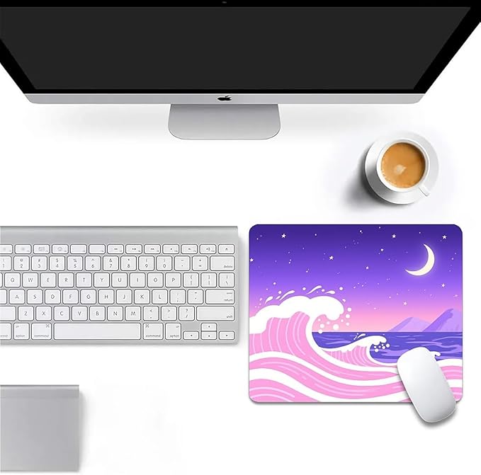 Square Mouse Pad Pink and Purple Waves, Personalized Premium-Textured Custom Mouse Mat Design, Washable Mousepad Cloth, Non-Slip Rubber Base Computer Mouse Pads Moon for Wireless Mouse