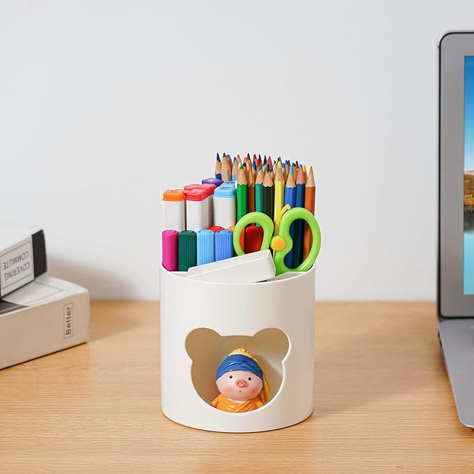 Marbrasse Desk Organizer, Cute Pen Holder for Desk, Pencil Pen Organizer for Classroom Must Haves, Art Supply Storage Box Caddy for Office, Home (White & White Bear Head, one size)