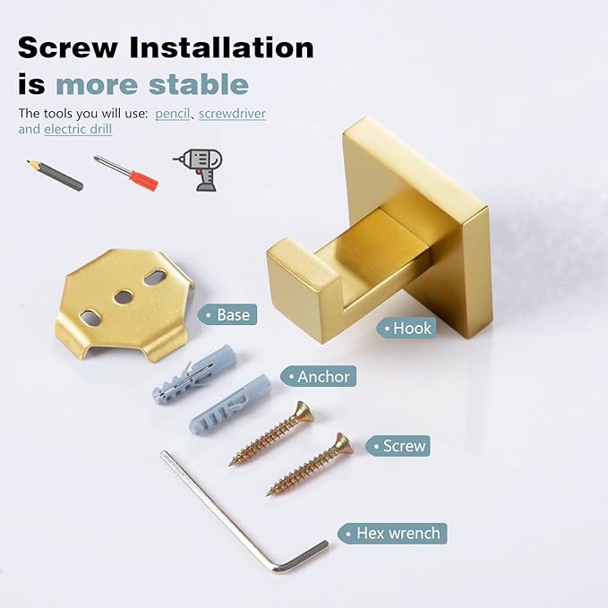 KOKOSIRI Bath Robe Hook Wall Mount Square Towel Hook Coat Hook Bathroom Kitchen Garage Heavy Duty SUS 304 Stainless Steel 3 Pack Brushed Gold B1010BG-P3