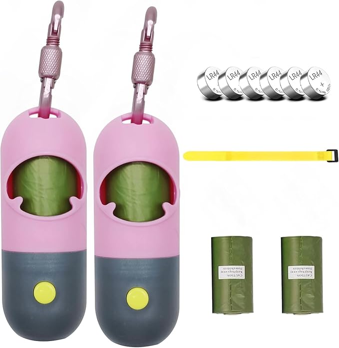 2 Pack Poop Bag Holder with Flashlight Waste Bag Dispenser for Leash with Clip and Battery Poop Bag Dispenser with Green Scented Poop Bags for Dog Walking(Pink,2 Dispenser 60 Bags)