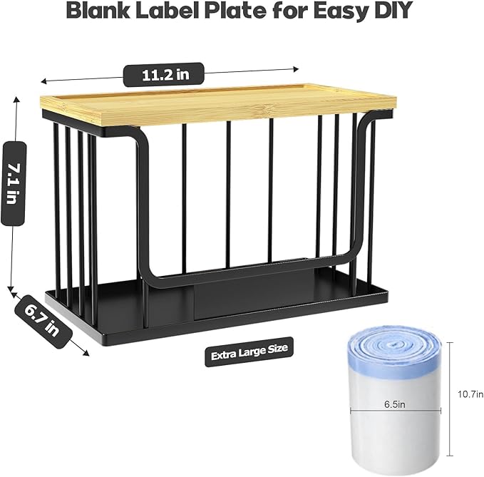 1 Pack Trash Bag Holder, Stackable Garbage Bag Dispenser Under Sink with Bamboo Top & Metal Base for Kitchen Countertop Organization and Storage, Laundry, Pantry Organizer (Black, 11.2" × 6.7" × 7.1")