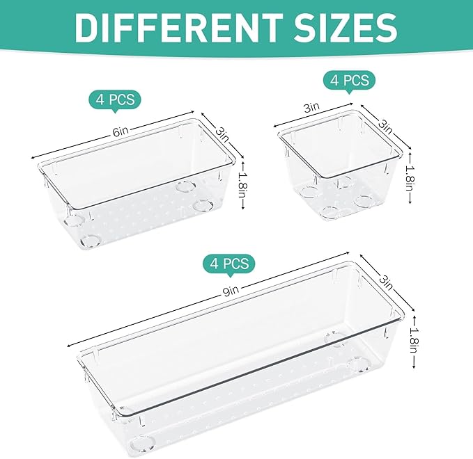 WOWBOX 12 Pack Clear Drawer Organizer Set, Acrylic Drawer Storage Trays, Storage Bins for Makeup, Cosmetics, Jewelry, Utensils, Gadgets, Office
