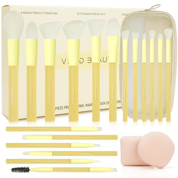 Yellow Make up Brush Set – 18PCS Makeup Brushes for Powder, Foundation, Eyeshadow – With Rubber Coated Handles, Painted Aluminum Ferrules, Travel Bag & 2 Makeup Sponges– For Women & Beginners