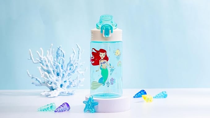 Zak Designs Disney Princess Sage Water Bottle For School or Travel, 16oz Durable Plastic Water Bottle With Straw, Handle, and Leak-Proof, Pop-Up Spout Cover (Ariel & Jasmine)
