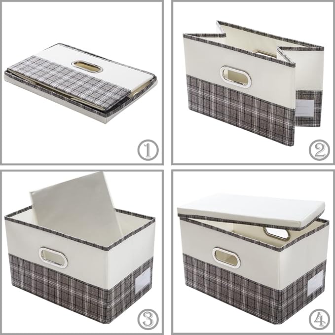 PRANDOM Collapsible Storage Bin with Lid [3-Pack] Fabric Foldable Storage Box Organizer Container Basket Cube with Cover for Home Bedroom Closet Office Nursery Gray Plaid & Cream (14.9x9.8x9.8)