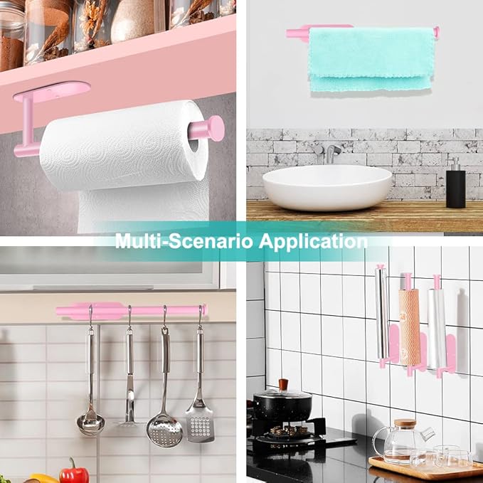 MGahyi Paper Towel Holder Wall Mount, Self Adhesive Or Drilling Paper Towel Holder Under Cabinet, 13.2 inch Stainless Steel Kitchen Paper Towel Roll Rack, Bathroom Towel Roll Hanger(Rectangle-Pink)
