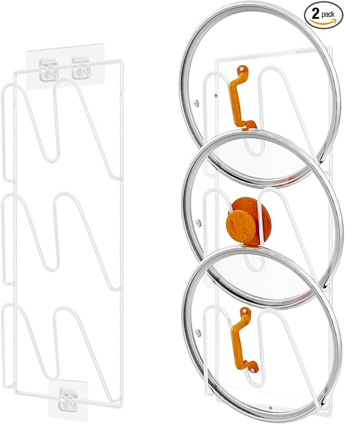 2 Pack Pot Lid Organizer Rack, 6-Tier Pot Lids Holder for Cabinet Door/Wall, No Drilling Adhesive Wall/Door Mounted Rustproof Pot and Pan Cover for Kitchen Storage, White