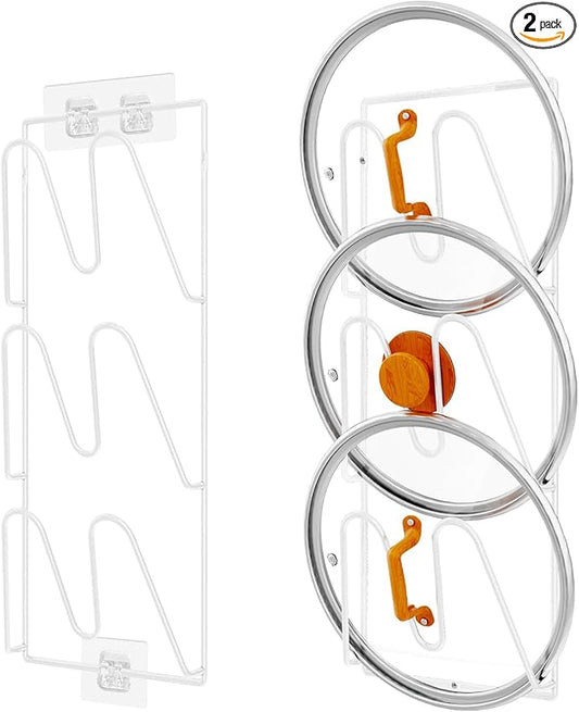 2 Pack Pot Lid Organizer Rack, 6-Tier Pot Lids Holder for Cabinet Door/Wall, No Drilling Adhesive Wall/Door Mounted Rustproof Pot and Pan Cover for Kitchen Storage, White