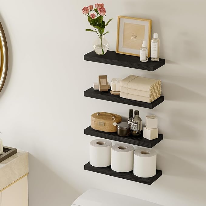 Fixwal Black Floating Shelves for Wall, Rustic Wood Shelves for Bathroom, Living Room, Bedroom and Kitchen, Wall Shelves for Storage, Books, Room Decor (Set of 4, 15.8 Inch)