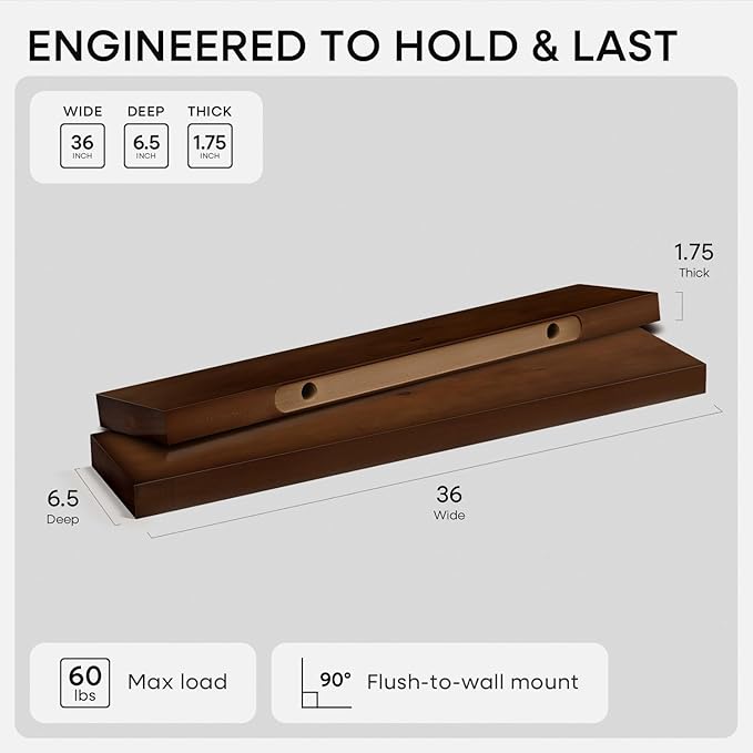 Homeforia Walnut 36 inch Floating Shelf, High-End Solid Real Wood 36-inch Large Shelves for Bathroom Wall, Dark Brown 36 inches Long Floating Shelves, Heavy Duty Bracket, 36 X 6.5 X 1.75 inch, Set of 2
