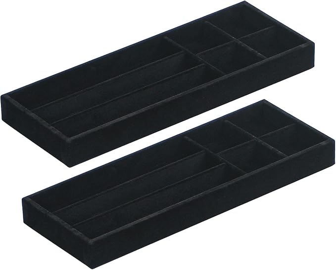 2Pcs Desk Drawer Storage Tray, Nightstand Organizer Tray, Necklace Bracelet Ring Earring Jewelry Display Tray, Grid Table Organizer Holder Tray for Sunglass, Phone, Watch, Perfume (7 grid)/Black