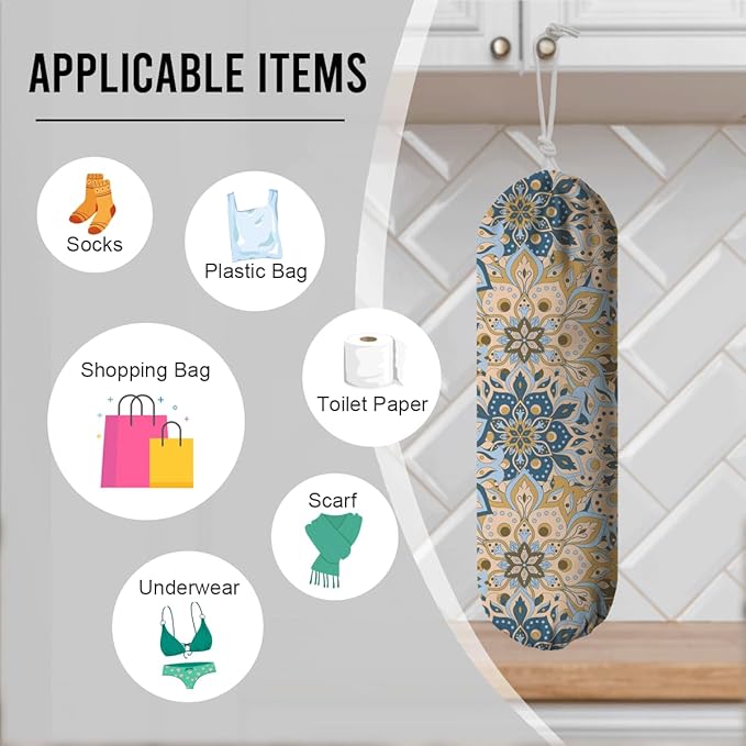 Gray Yellow Plastic Bags Holder, Reusable Fabric Grocery Bag Holder, Wall Mount Shopping Garbage Bags Carrier for Home, Kitchen, Travelling, Kitchen Pattern Garbage Bag 68