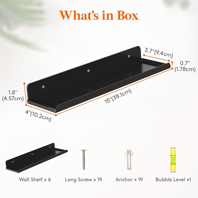 Lifewit Floating Shelves for Bathroom, 15" Clear Wall Organizer for Makeup, Perfume, Figures, Photo, Decor Shelf for Nursery, Living Room, Bedroom, Kitchen, Over Toilet Storage Rack, Black, 6 Pack