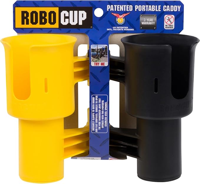 ROBOCUP, (Yellow & Black), Patented Clamp On Boat Cup Holder |Multifunction Dual Drink Caddy for Fishing Poles, Tools, Net, Gaff |Portable Storage for Boating, Beach, Umbrellas, Golf Carts, Strollers