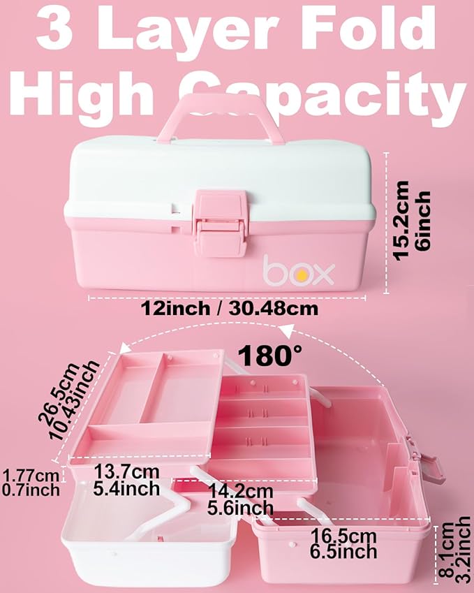 12in 3-Layer Plastic Craft Organizers and Storage, Portable Folding Tackle Box with Handle & Adjustable Dividers, Multipurpose Case for Sewing, Art Supplies, Medicine, Tools (White Pink)