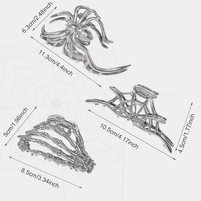 3 Pieces Large Metal Spider Net Hand Hair Claw Clips for Women and Girls Thick Long Hair, Nonslip Skeleton Spooky Barrette Headband Hair Styling Accessories for Halloween Christmas Gifts