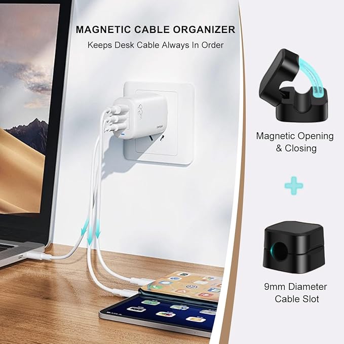 8 Pack Magnetic Cable Clips Cord Holder With Free 0.39*196 Inch Cut - To - Size Binding Tape For Cord Management | Adhesive Cable Organizer For Home, Office, Car - Hide Phone Charging Cables, Desk Use