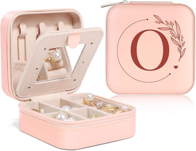 SANDJEST Personalized Jewelry Box, Pink Small Travel Jewelry Box with Initial O, Monogrammed Jewelry Case Organizer for Girls Women Teen, Mini Travel Essentials Gifts for Christmas Birthday