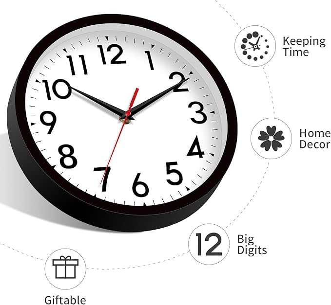 14 Inch Wall Clock, Large, Battery Operated, Silent, Non-Ticking, Analog, Decorative for Living Room, Office, Kitchen, Outdoor, Classroom, Bedroom, Bathroom, School (Black)