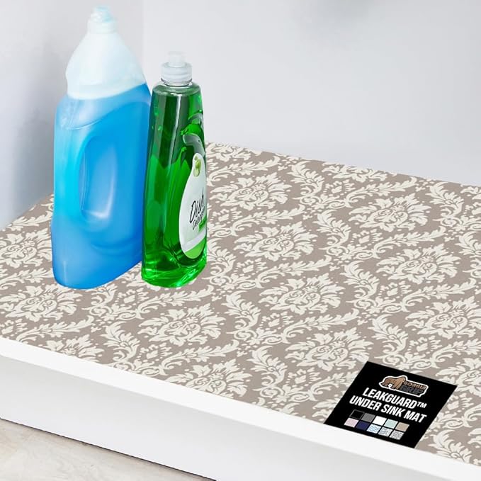 GORILLA GRIP LeakGuard Non-Adhesive Under Sink Mat for Kitchen Cabinet, Waterproof Quick Dry Shelf Liner, Durable Absorbent Felt Mats for Bathroom Sinks, Cabinets, Dresser, 24x30 Damask Taupe Cream