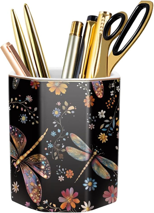 WAVEYU Pen Holder, Pencil Cup for Desk, Cute Desk Organizer, Durable Ceramic Decorative Makeup Brush Desktop Accessories, Stylish Stationery for Office, Home, Cute Dragonfly Pattern