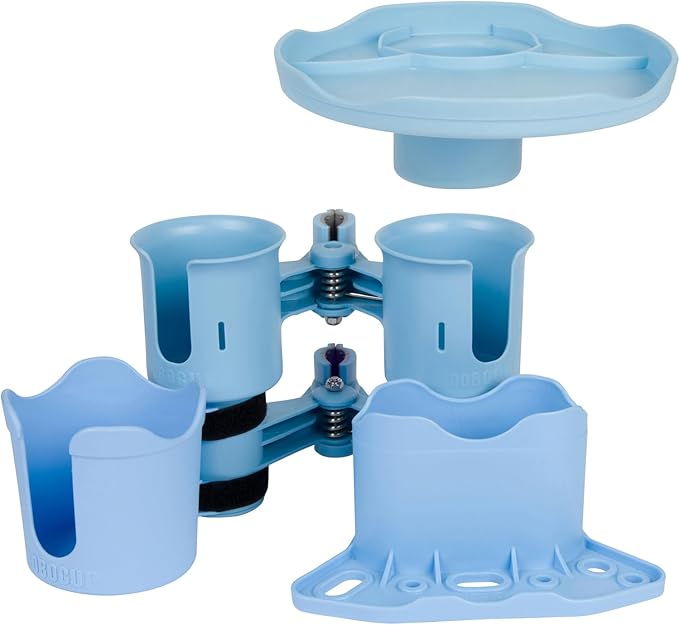 ROBOCUP, (Light Blue), Patented Clamp On Boat Cup Holder |Multifunction Dual Drink Caddy for Fishing Poles, Tools, Net, Gaff |Portable Storage for Boating, Beach, Umbrellas, Golf Carts, Strollers