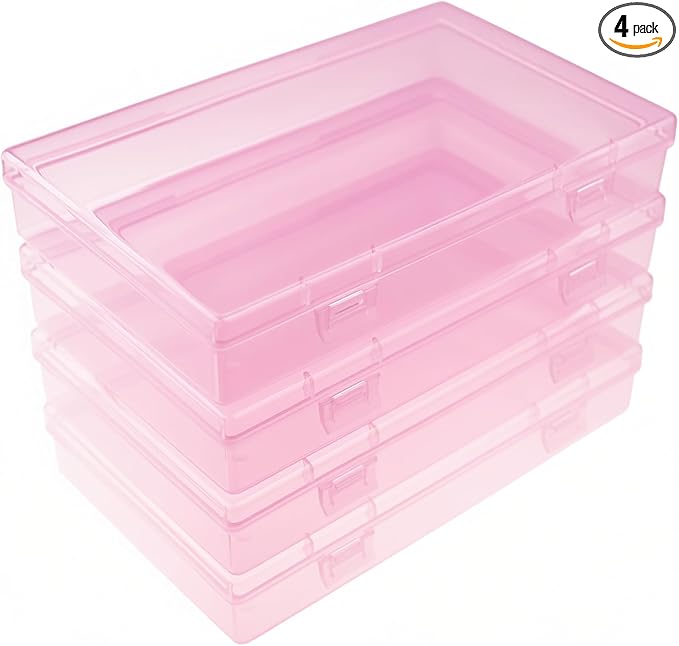 Goodma 4 Pieces Rectangular Plastic Boxes Empty Storage Organizer Containers with Hinged Lids for Small Items and Other Craft Projects (Pink, 7.1 x 4.3 x 1.2 inch)