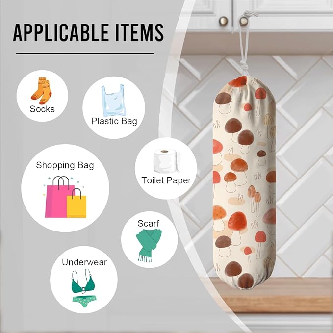 Mushroom Plastic Bag Holder, Reusable Grocery Bags Holder, Washable Hanging Shopping Bag Dispenser for Home Kitchen, Kitchen Housewarming Gifts, Kitchen Pattern Garbage Bag 51