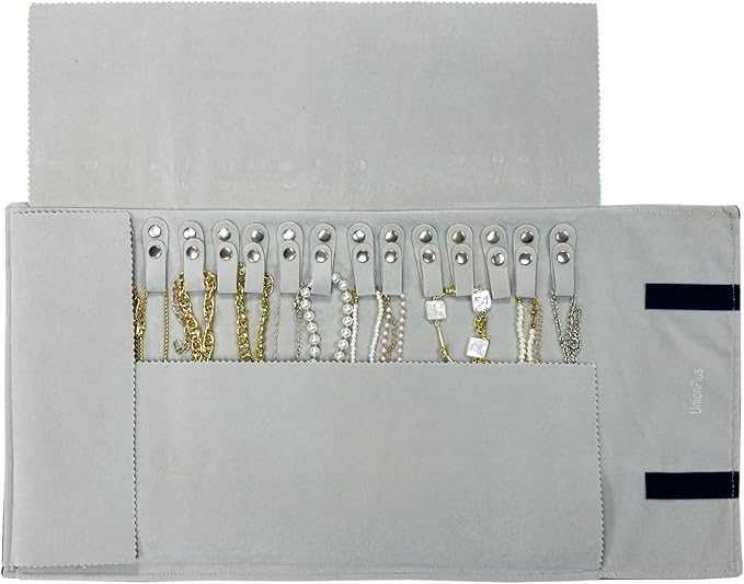 UnionPlus Velvet Travel Jewelry Roll Bag Organizer for Necklace, Elastic Band and Anti-winding, Black and Gray