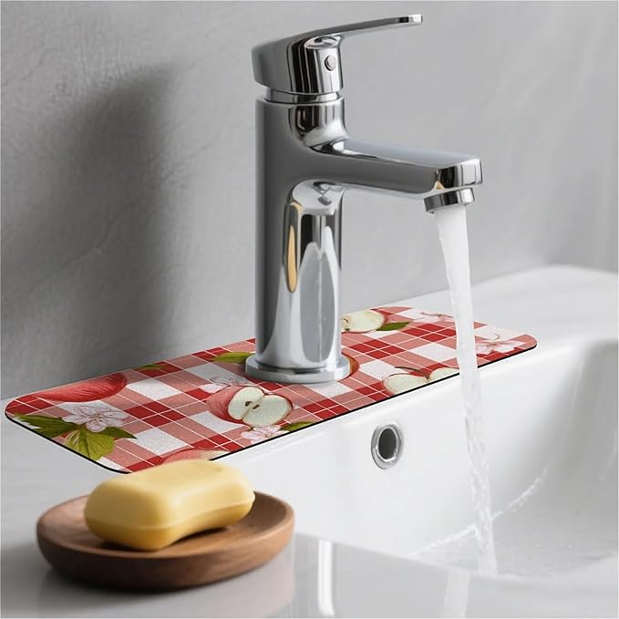 Kitchen Sink Splash Guard, Apple-on-a-Checkered Faucet Mat Sink Gadgets - Super Absorbent Fast Drying Mat Drip Catcher for Kitchen, Bathroom, Sink Mat, Dish Drying Mat, Bathroom (15" X 5.5")