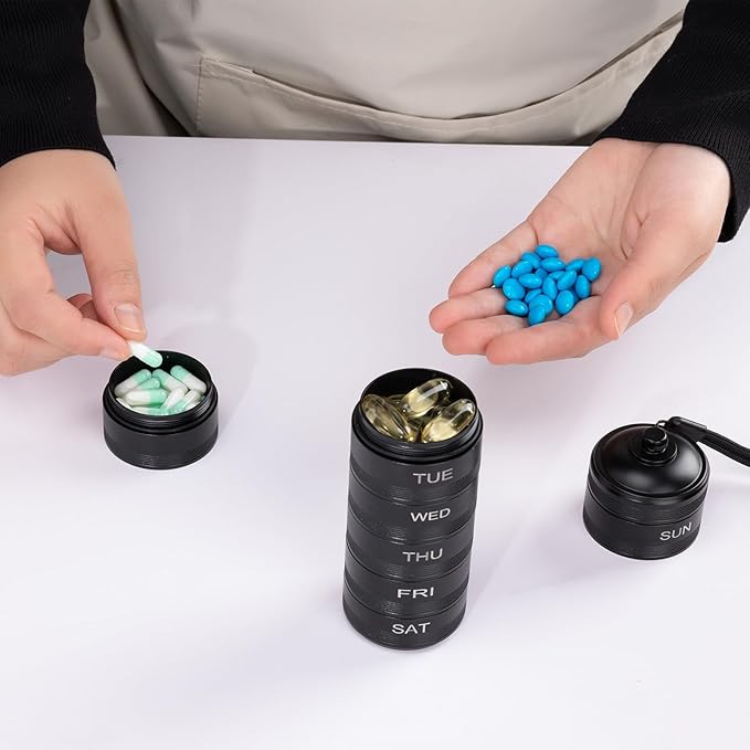 Pill Organizer Weekly Metal Travel Pill Box Waterproof - 7 Day Large Aluminum Alloy Pill Container, Portable Daily Pill Case for Vitamin, Medicine, Supplement, Fish Oil