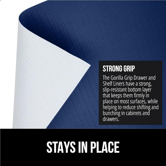 GORILLA GRIP DripGuard Shelf Liner, Non-Adhesive Drawer and Kitchen Cabinet Protector, Strong Grip Slip Resistant Underside, Smooth Surface Liners for Cabinets, Bathroom Closets, 12x120 in, Navy Blue
