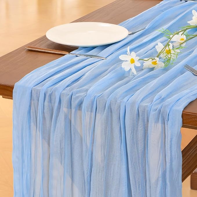 Socomi 10pcs Blue Summer Cheesecloth Table Runner Light Blue Boho Rustic Gauze 120 inch 10FT Cheese Cloth Sheer Runner for Wedding Party Baby Shower Birthday Home Decor Holiday Decorations