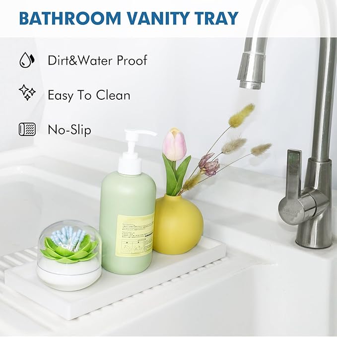 Bloss Small Bathroom Vanity Tray with Soap Dish, 8 x 4 inch Silicone Kitchen Sink Soap Tray, Bathroom Counter Trays Organizer for Candle Perfume Jewelry Key, White