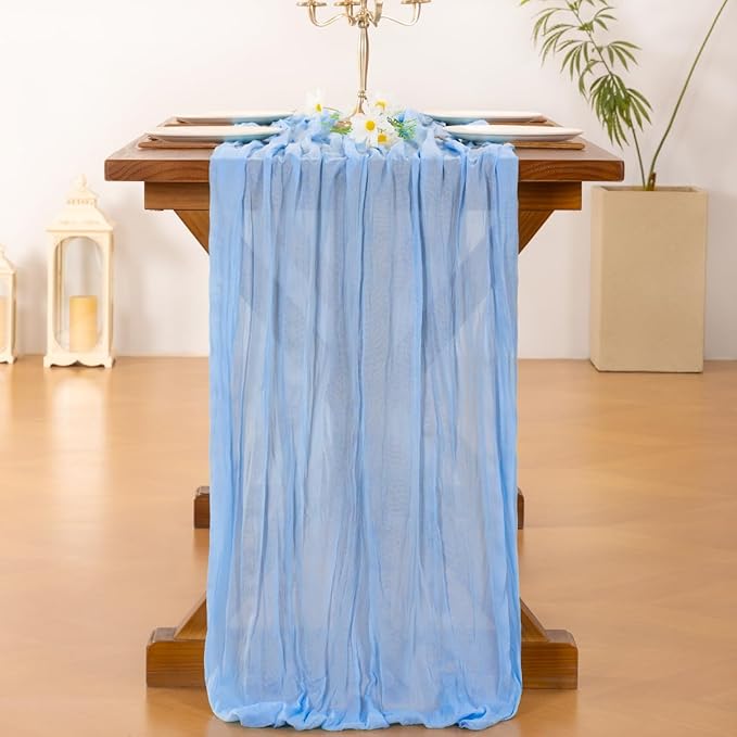 Socomi 10pcs Blue Summer Cheesecloth Table Runner Light Blue Boho Rustic Gauze 120 inch 10FT Cheese Cloth Sheer Runner for Wedding Party Baby Shower Birthday Home Decor Holiday Decorations