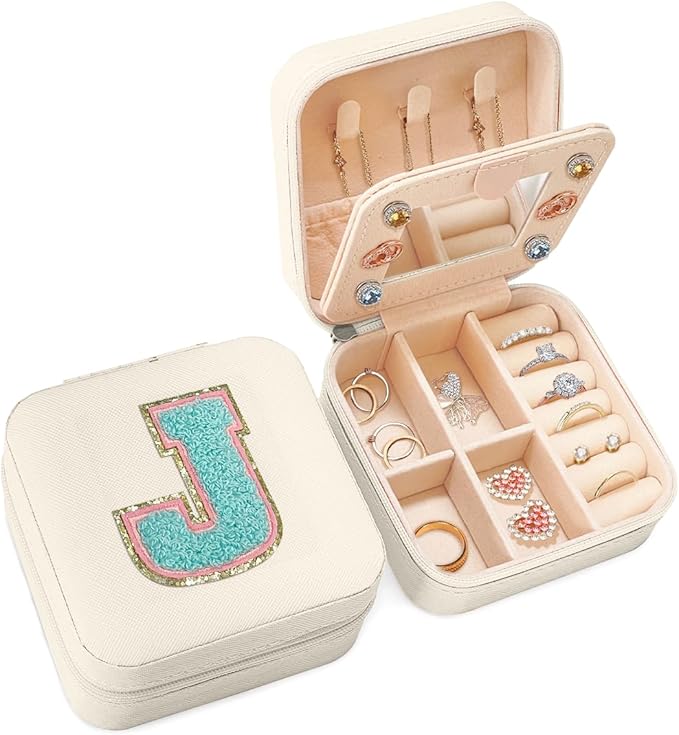 SANDJEST Personalized Jewelry Box, White Travel Jewelry Box with Initial J, Small Monogrammed Jewelry Case Organizer for Girls Women Teen Kids, Mini Travel Essentials Gifts for Birthday Christmas