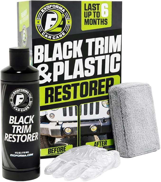 ExoForma Black Trim Restorer - Lasts 6+ Months, Dye Infused Waterproof Plastic Restorer for Cars - Perfect for Faded Bumpers, Trim & Vinyl on Jeeps, Truck Beds, Avalanches & ATVs | 4oz Kit