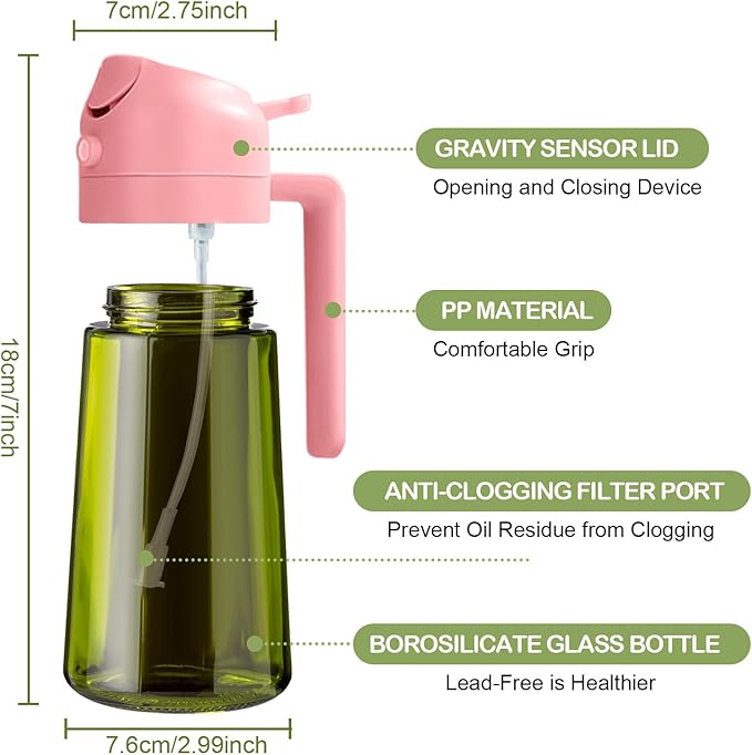 YARRAMATE 2Pcs 16oz/470ml Dark Green Oil Sprayer for Cooking with Stickers, Food-grade Premium 2 in 1 Olive Oil Dispenser Bottle for Kitchen Gadgets, Air Fryer, Salad, Frying, BBQ (Pink&Black)