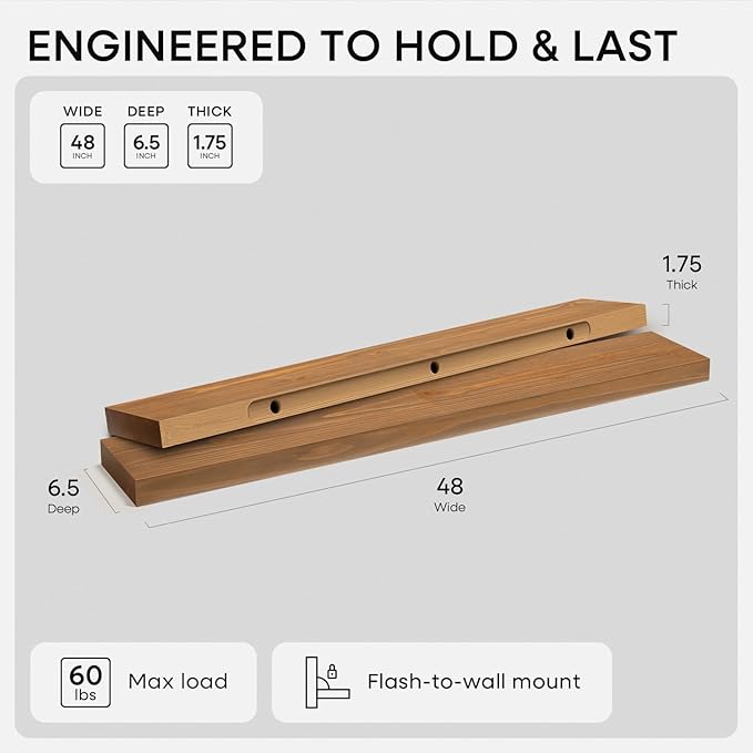 Homeforia 48 inch Golden Oak Floating Shelf, High-End Solid Real Wood 48-inch Small Floating Shelves for Wall Mounted, Oak Wooden 48-inch Floating Shelves, Heavy Duty Bracket, 48 X 6.5 X 1.75 in, Set of 2