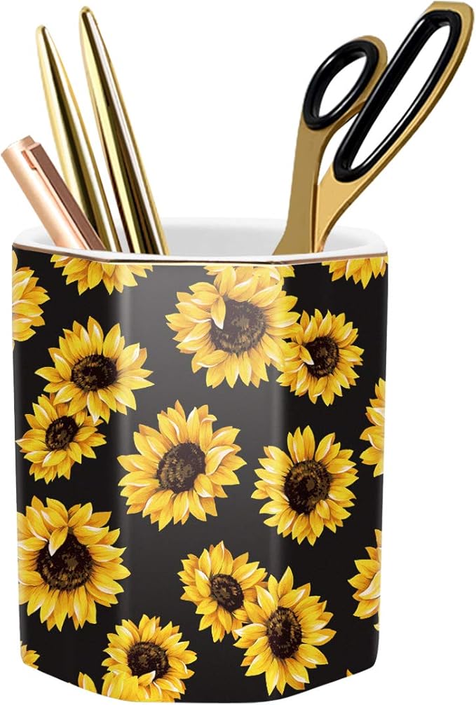 WAVEYU Pen Holder, Pencil Holder for Desk Floral Pattern Pencil Cup for Girls Kids Durable Ceramic Desk Organizer Makeup Brush Holder for Office, Classroom, Home, Sunflower