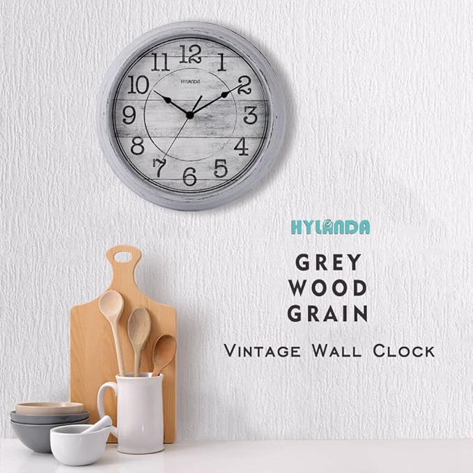 HYLANDA Retro/Vintage 12-Inch Kitchen Decorative Wall Clock, Silent Wall Clock Battery Operated Non Ticking with Large Numbers Easy to Read for Home Bathroom Office (Grey)