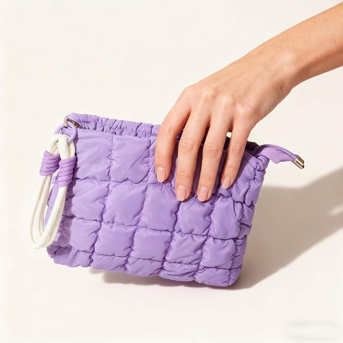 Puffy Quilted Makeup Bag Cosmetic Bag Equipped with a Detachable Handle Cute Zipper Pouch for Storage Clutch for Women(Purple)