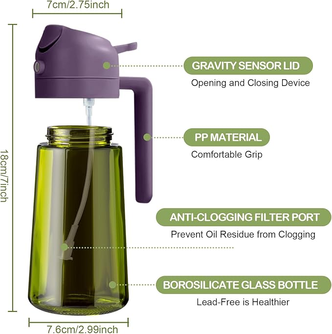 YARRAMATE 2Pcs 16oz/470ml Dark Green Oil Sprayer for Cooking with Stickers, Food-grade Premium 2 in 1 Olive Oil Dispenser Bottle for Kitchen Gadgets, Air Fryer, Salad, Frying, BBQ (Black&Purple)