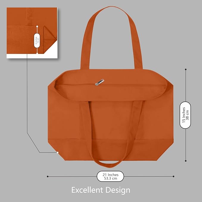 TOPDesign 3-Pack Canvas Tote Bags with an External Pocket, Reusable Grocery Shopping Bags, Top Zipper Closure, Daily Essentials (Orange)