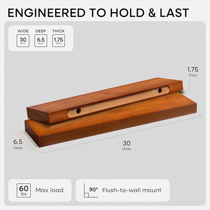 Homeforia Oak Floating Shelves 30 inch Long, High-End Solid Real Wood 30-inch Floating Shelf for Wall Mounted, Honey Oak Wooden 30-inch Floating Shelves, Heavy Duty Bracket, 30 X 6.5 X 1.75 in, Set of 2