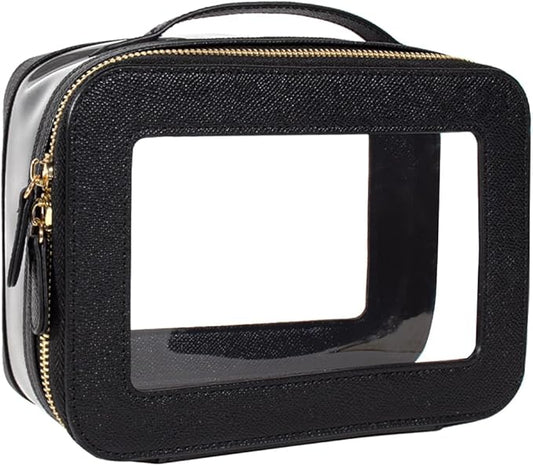 Clear Makeup Bag for Women, Small Portable Clear Makeup Bag Cute Waterproof Travel Cosmetic Case Makeup Pouch TSA Approved Toiletry Bag Women Traveling Car Organizer Car Essentials (Black, Standard)