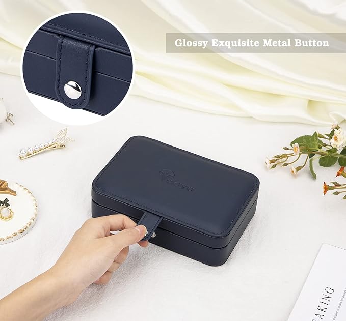 Voova Small Jewelry Organizer Box, Travel Jewelry Case for Women Teen Girls, Mini PU Leather Portable Jewellery Storage Boxes Holder with Smart Earrings Plate for Necklaces Rings Bracelets, Blue