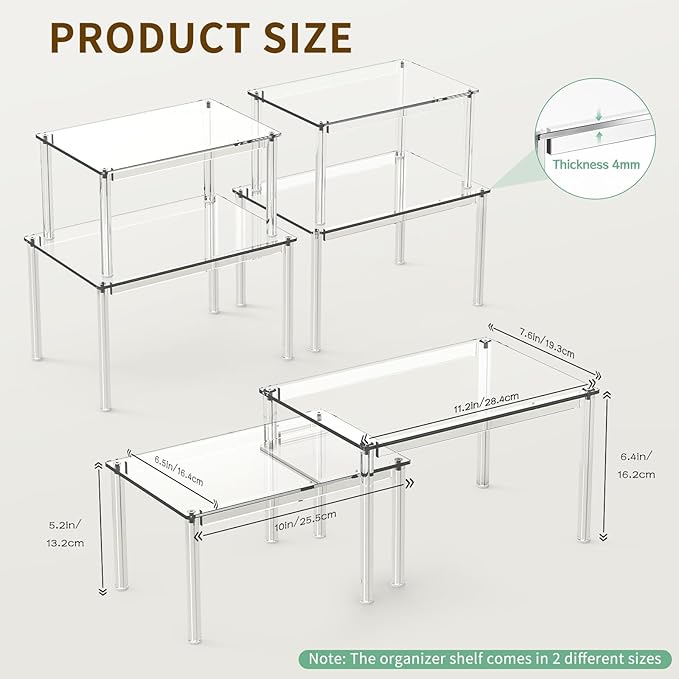 NESTRAXO 4Pack Acrylic Cabinet Organizer, Clear Cabinet Organizer Shelf, Spice Rack Organizer for Cabinet for Dishes, Spices, Soda Cans and Bottles, Stackable Shelves House Essentials for Gift